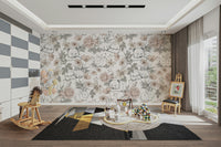 Sleeping Woodland wallpaper mural in a playroom with a wooden rocking horse and toy train track