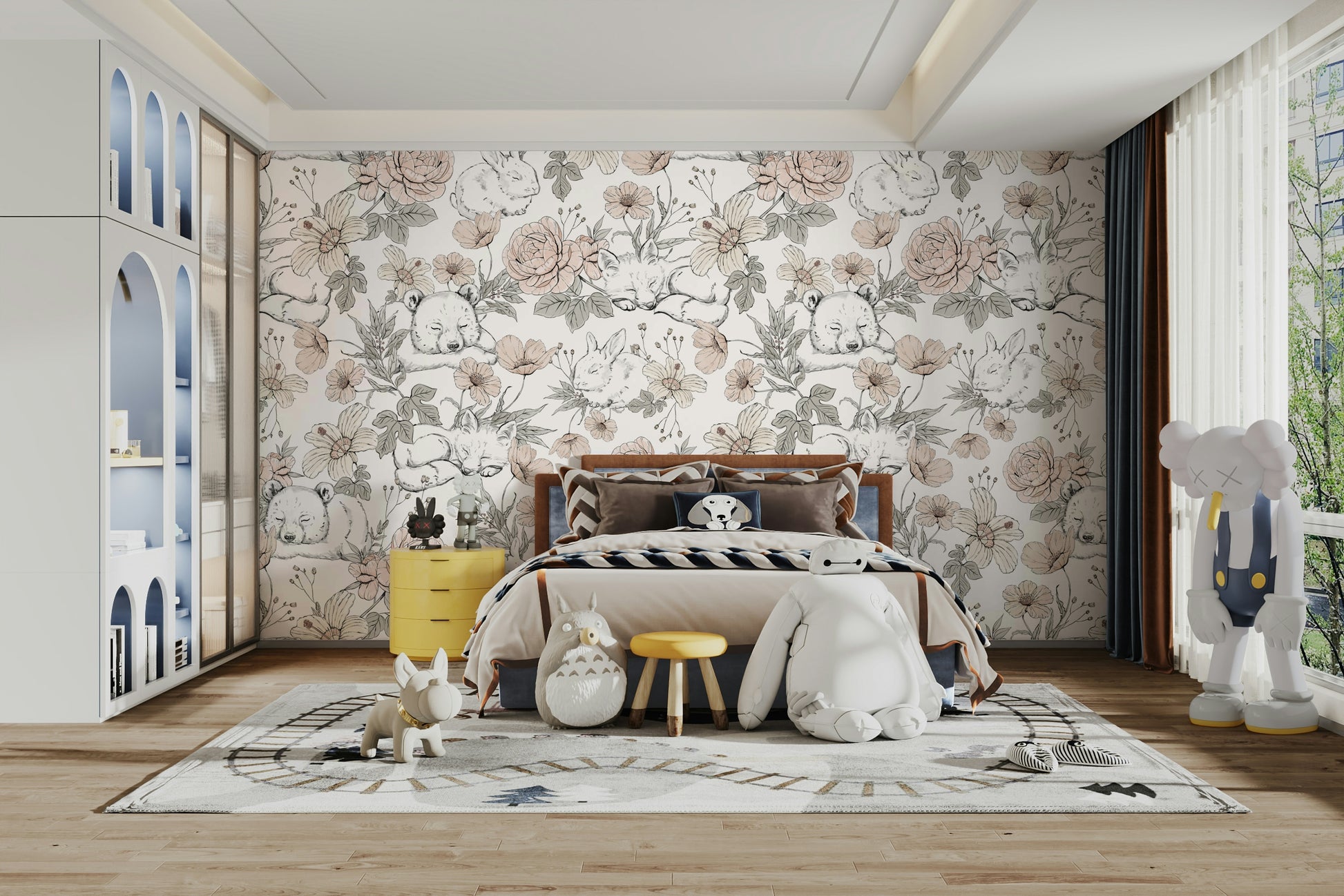 Sleeping Woodland wallpaper mural in a bedroom with Baymax and Totoro plush toys and a train rug