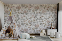 Sleeping Woodland wallpaper mural in a kids room with a grey star teepee tent and teddy bear