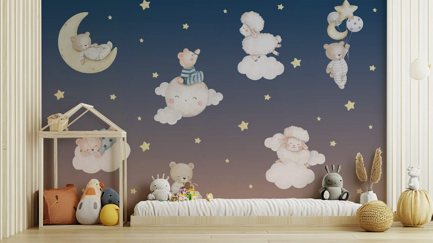 A peaceful wall mural with a whimsical night scene.

