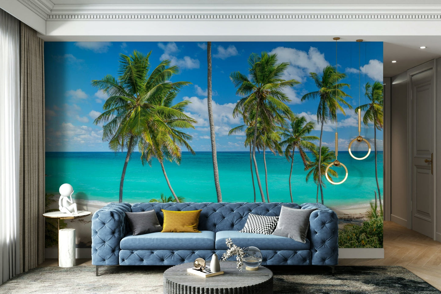 Beach scene under a blue sky with clouds.


