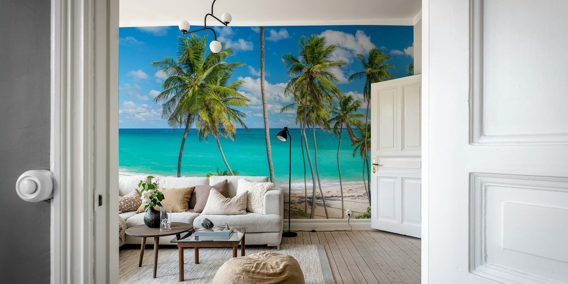 Mural with tall palm trees in the foreground.

