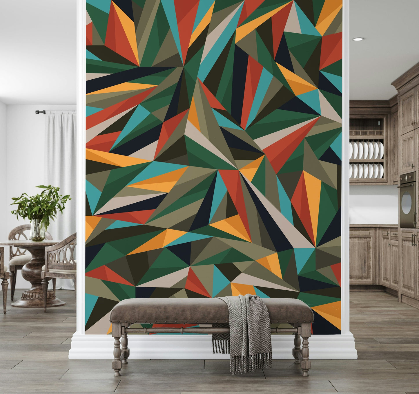 A peaceful modern abstract mural on decorative wallpaper.