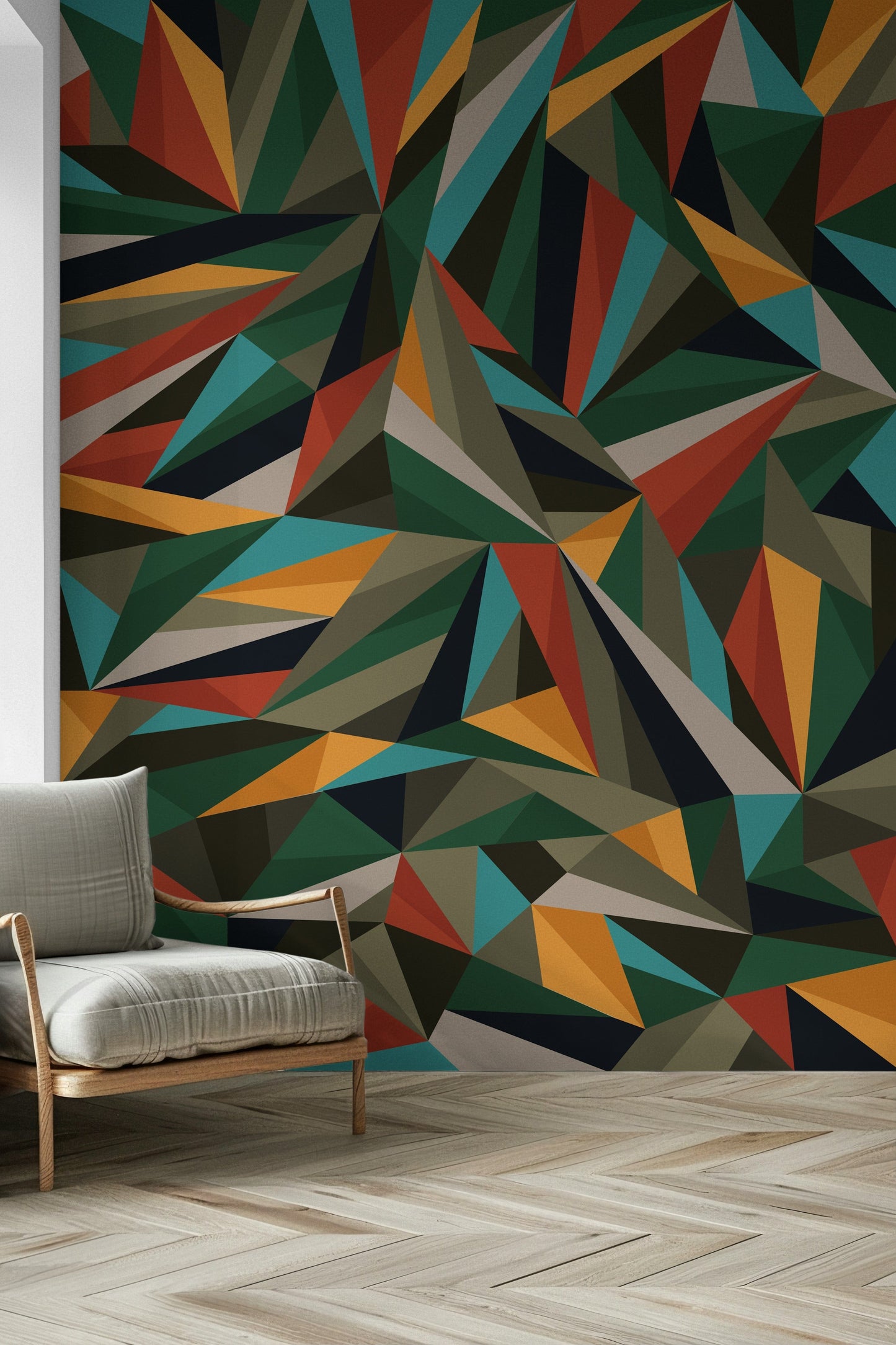 A graceful subtle geometric wall mural in cool, neutral tones.