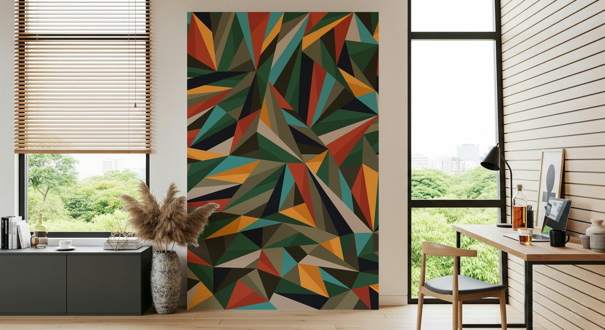 An artistic soft focus mural on minimalist wallpaper.
