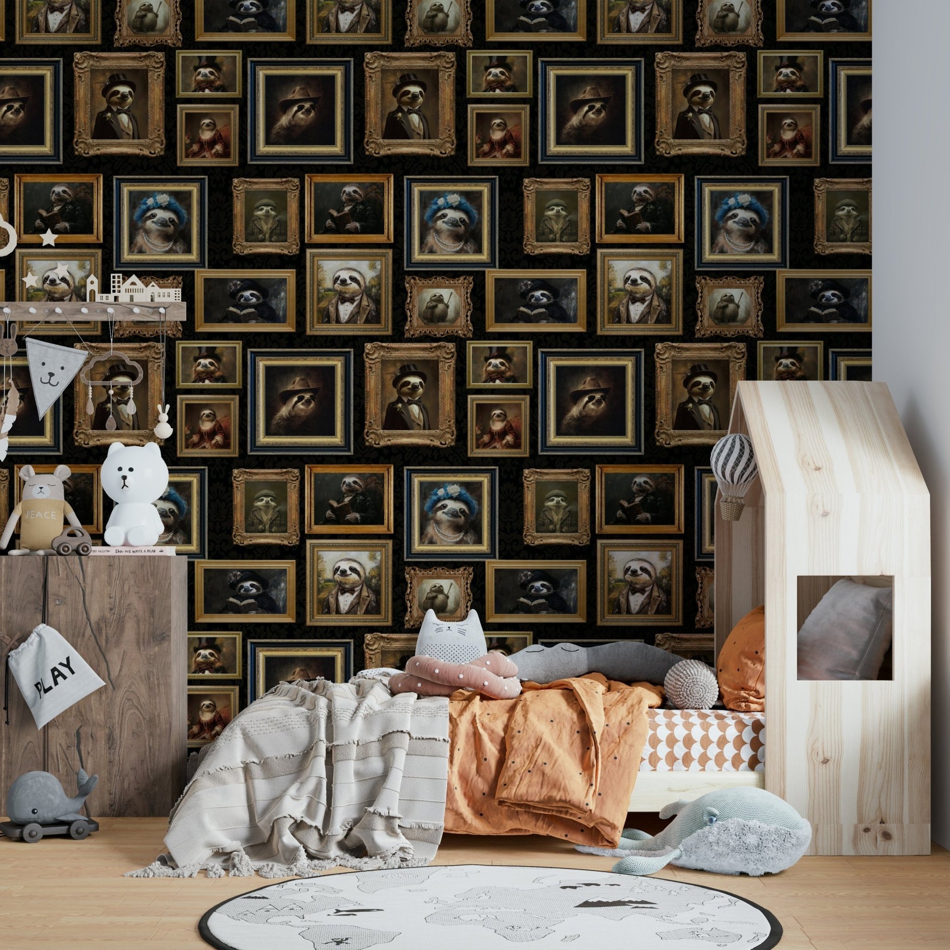 Wallpaper with sloths in formal, historical portraits.

