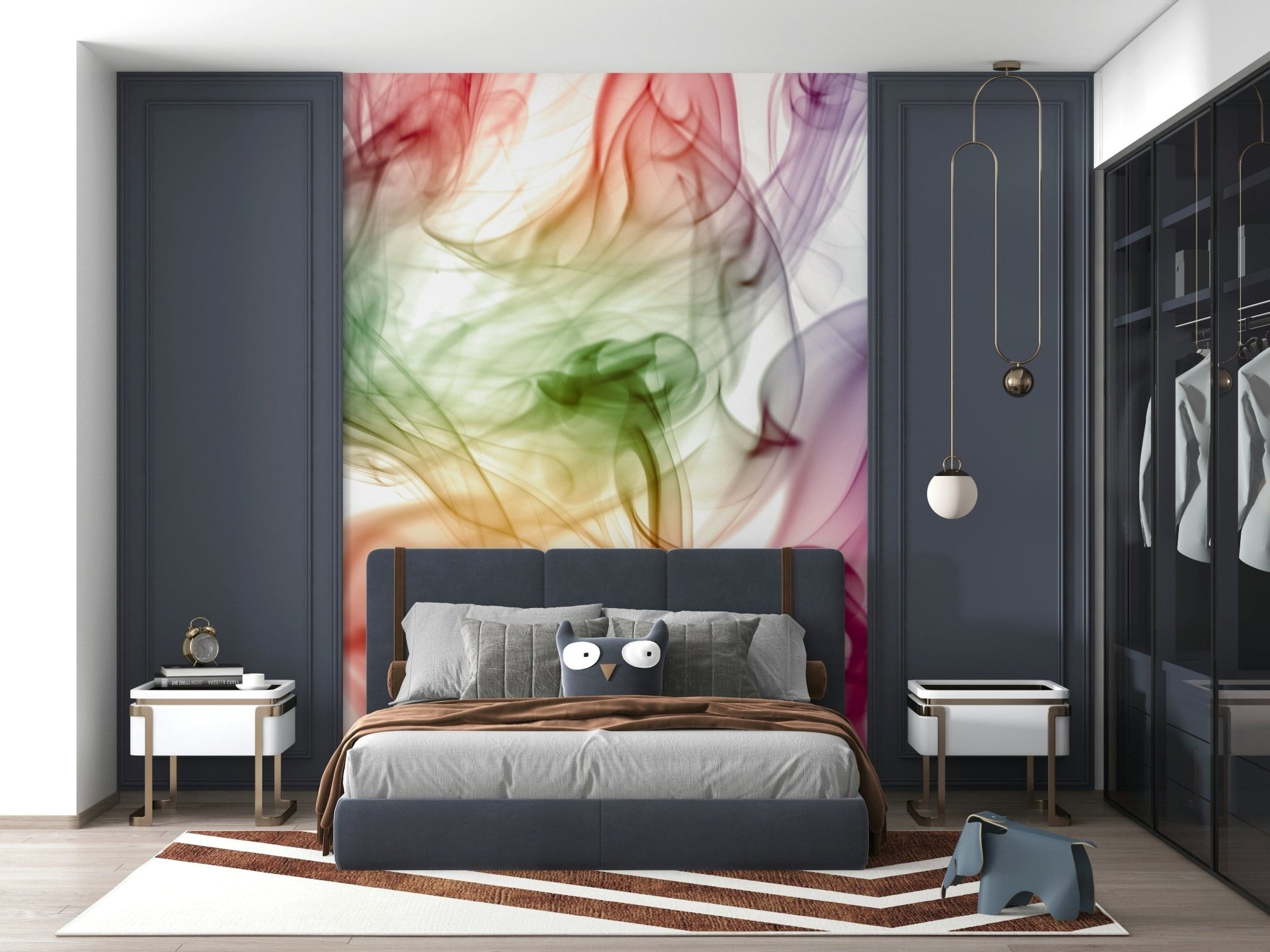 Smoke Art wall mural of rainbow smoke wisps above a gray bed flanked by navy panels in a chic bedroom