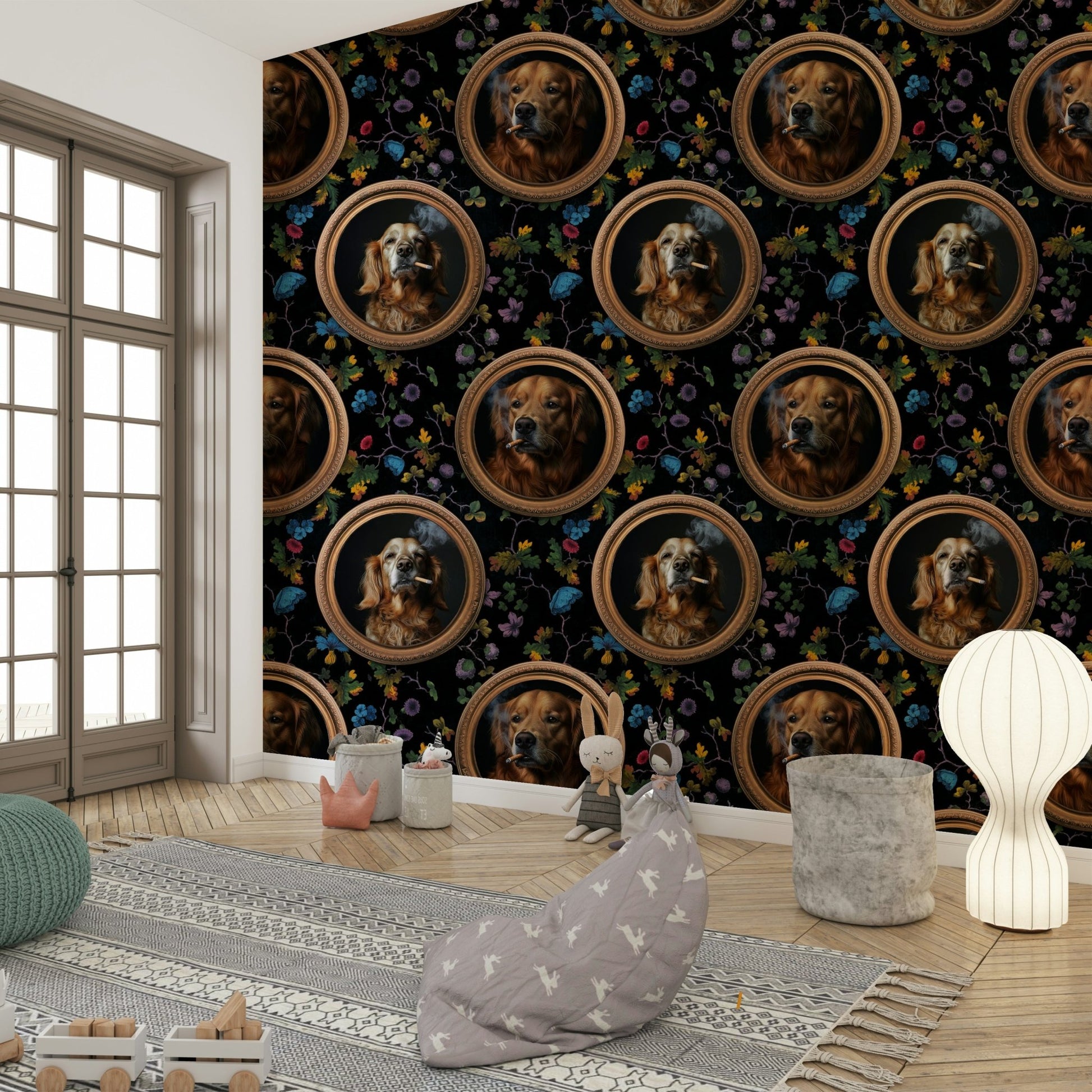 Smoking Golden Retriever in Gold Frames Wallpaper.

