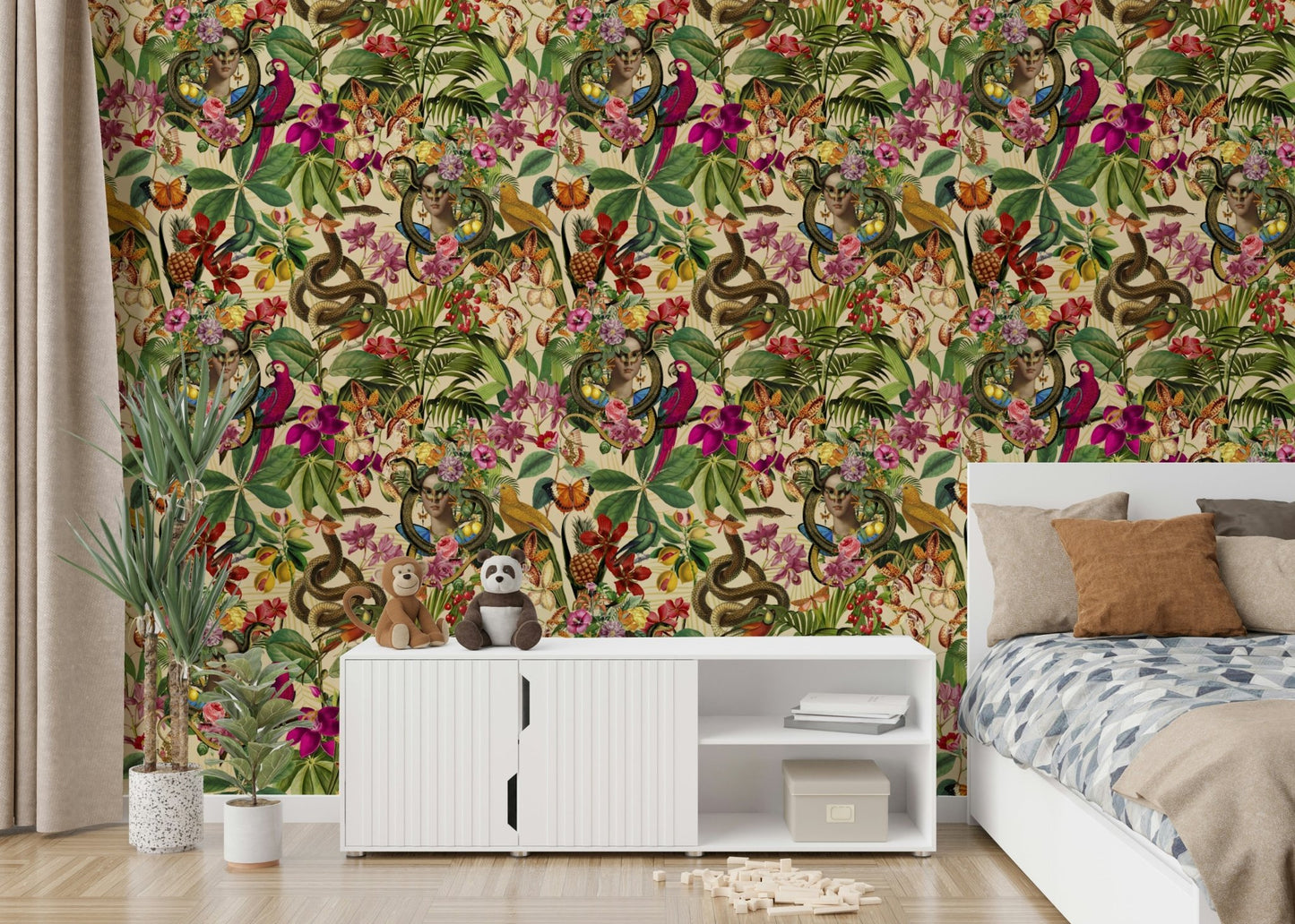 Hand-drawn vintage wall mural with florals

