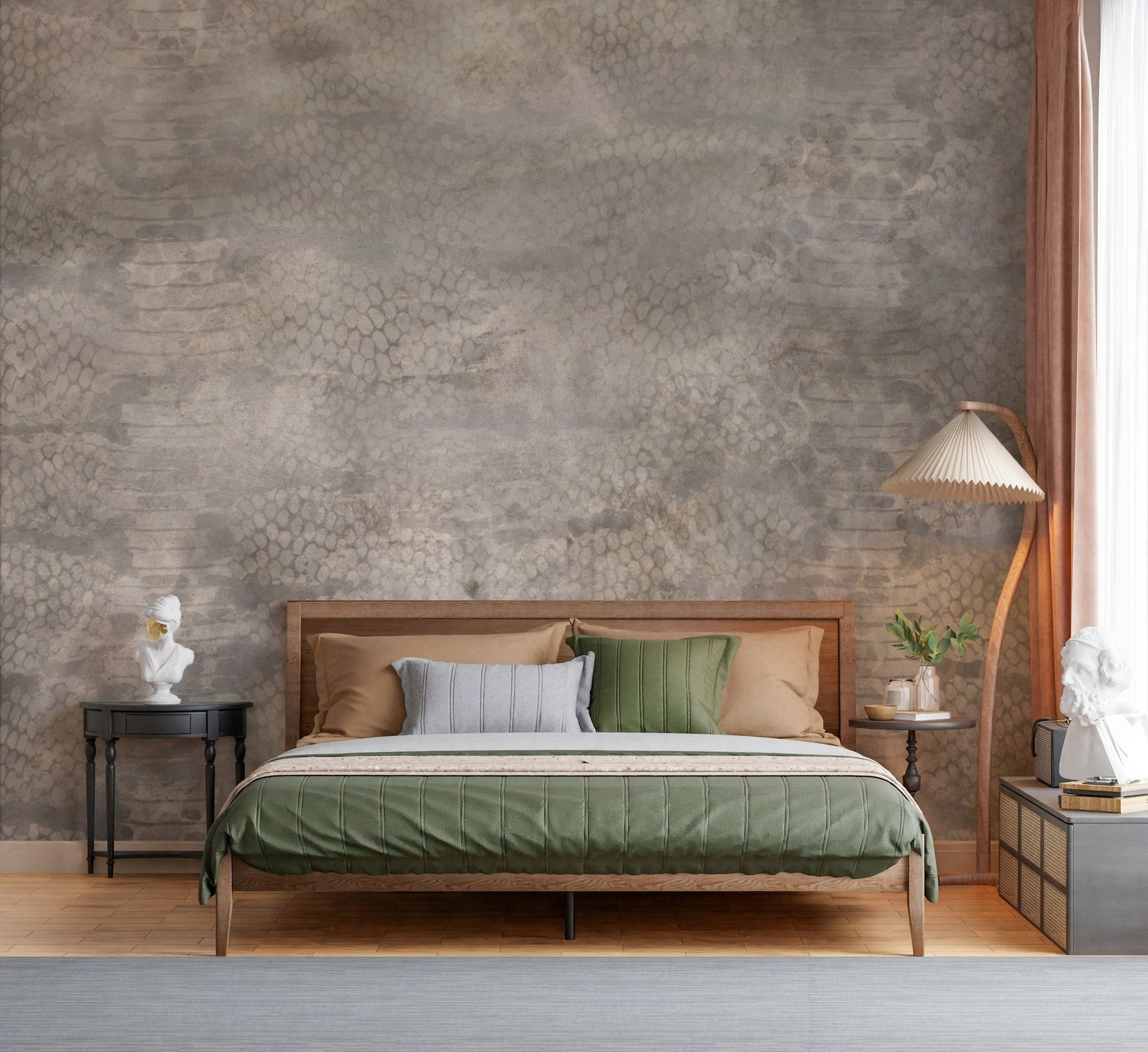 Wall mural depicting snakeskin patterns in soft silver for a chic, sophisticated vibe.