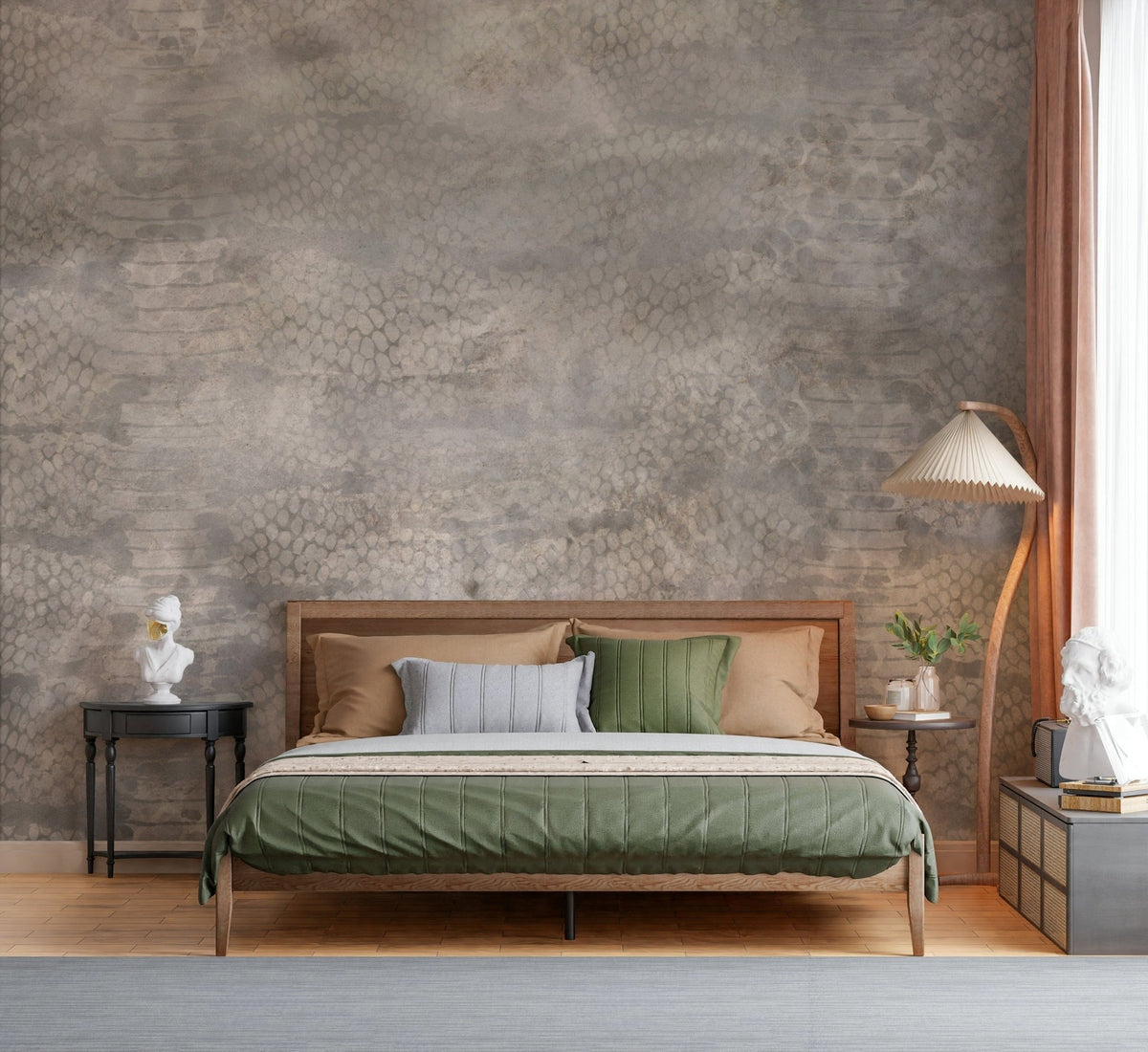 Wall mural depicting snakeskin patterns in soft silver for a chic, sophisticated vibe.