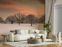 Bare trees wall mural in snowy meadow