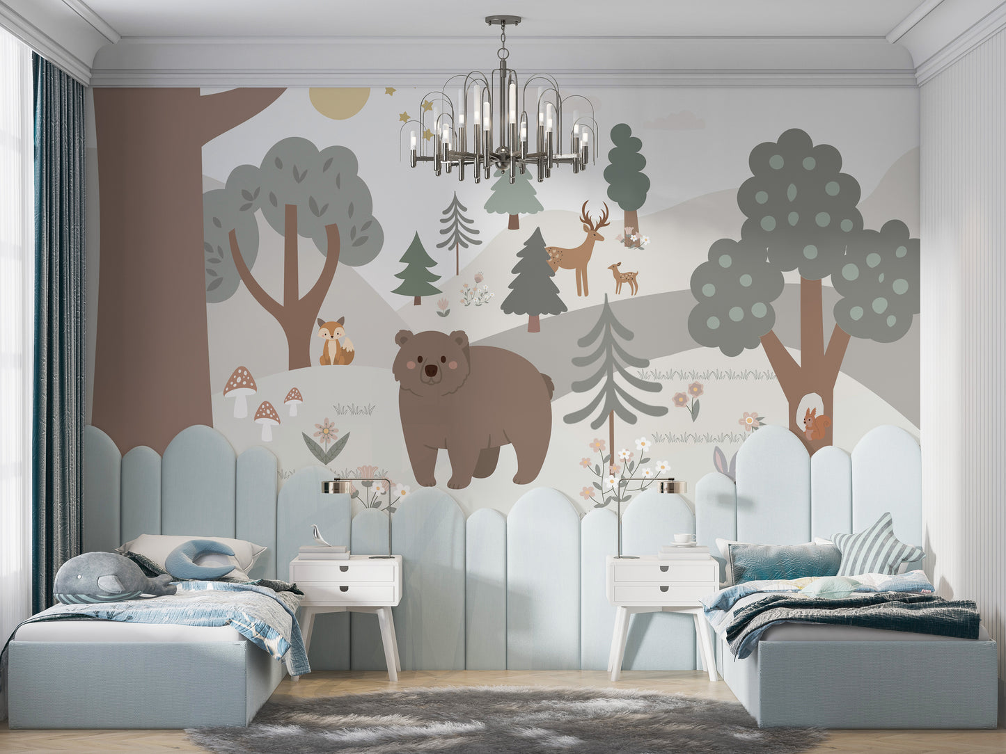 Snow Forest Kids Room wallpaper mural displayed across a full wall in a modern living space in a multicolour palette