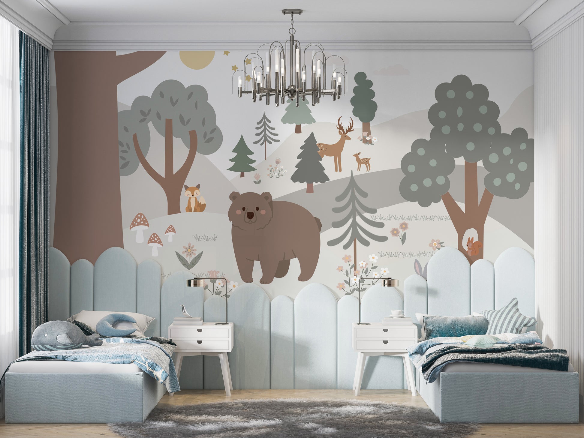 Snow Forest Kids Room wallpaper mural displayed across a full wall in a modern living space in a multicolour palette
