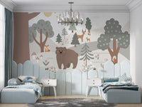 Snow Forest Kids Room wallpaper mural displayed across a full wall in a modern living space in a multicolour palette