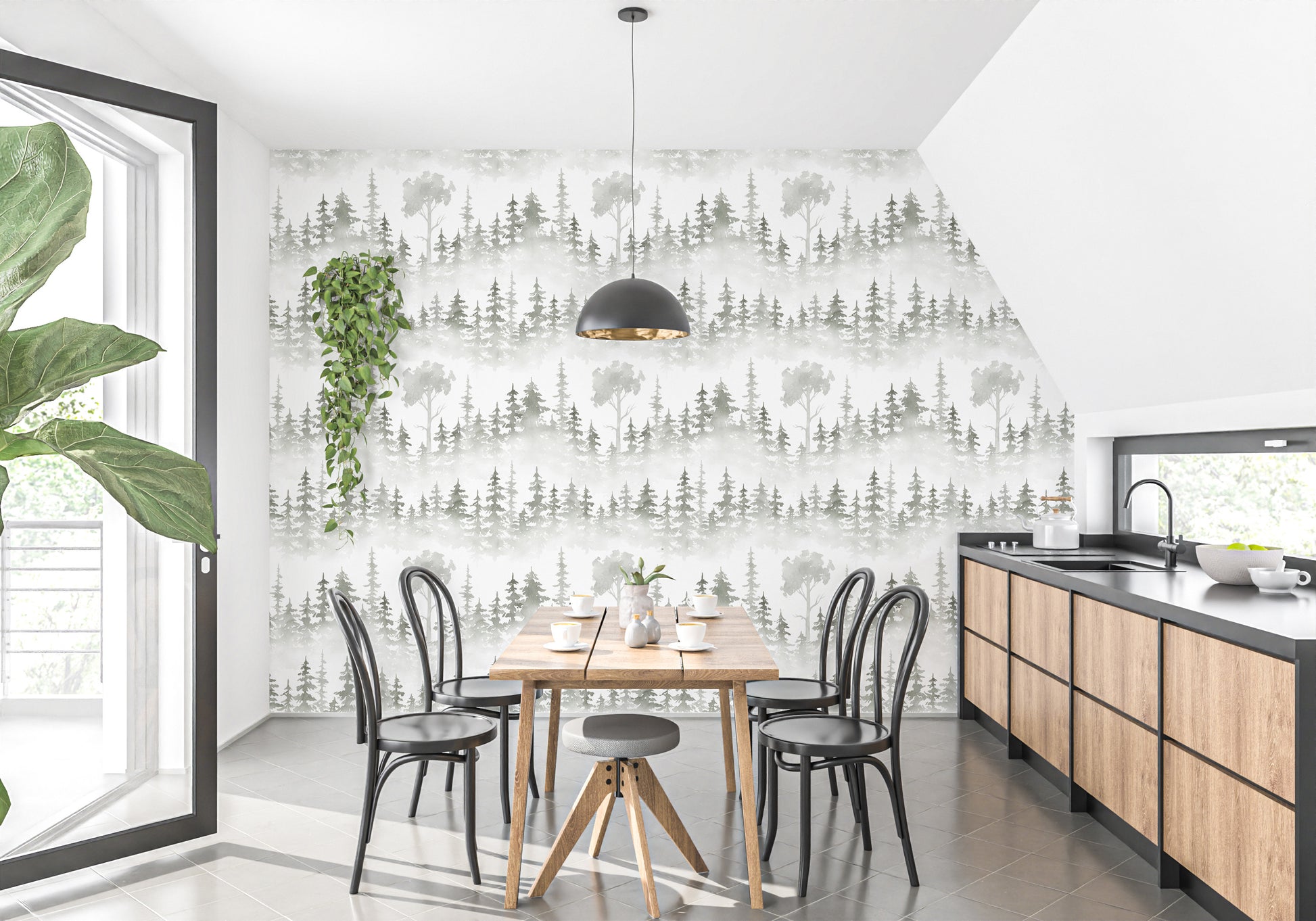 Frosty forest wallpaper with tropical tones
