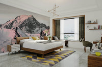 Majestic snow-covered mountain mural with soft pink hues.

