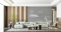 Snowscape Serenity wallpaper mural of gray snow hills behind a mint sectional by a wood slat wall living room