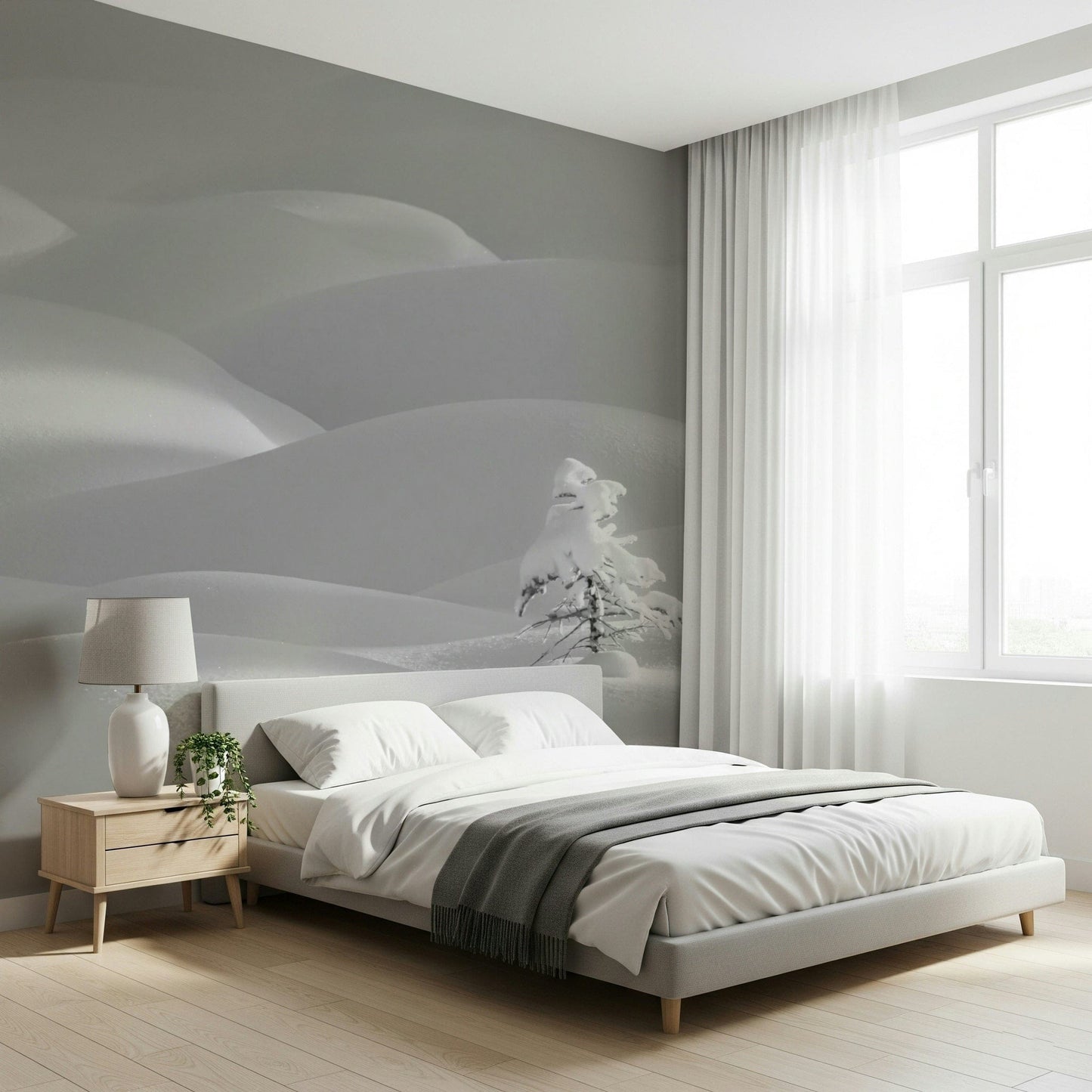 Snowscape Serenity wallpaper mural of gray winter snowdrifts behind a gray upholstered bed in a calm bedroom