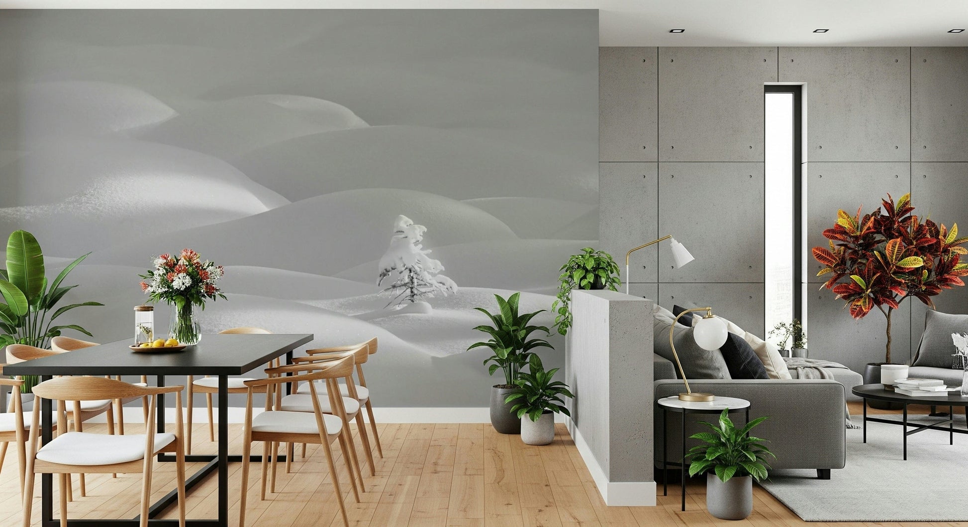 Snowscape Serenity wallpaper mural with snowy hills and lone pine behind a dark wood dining table and chairs