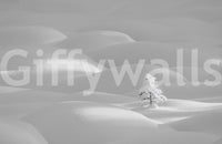 Snowscape Serenity wallpaper mural close-up of soft white snowdrifts with a single snow-covered pine tree