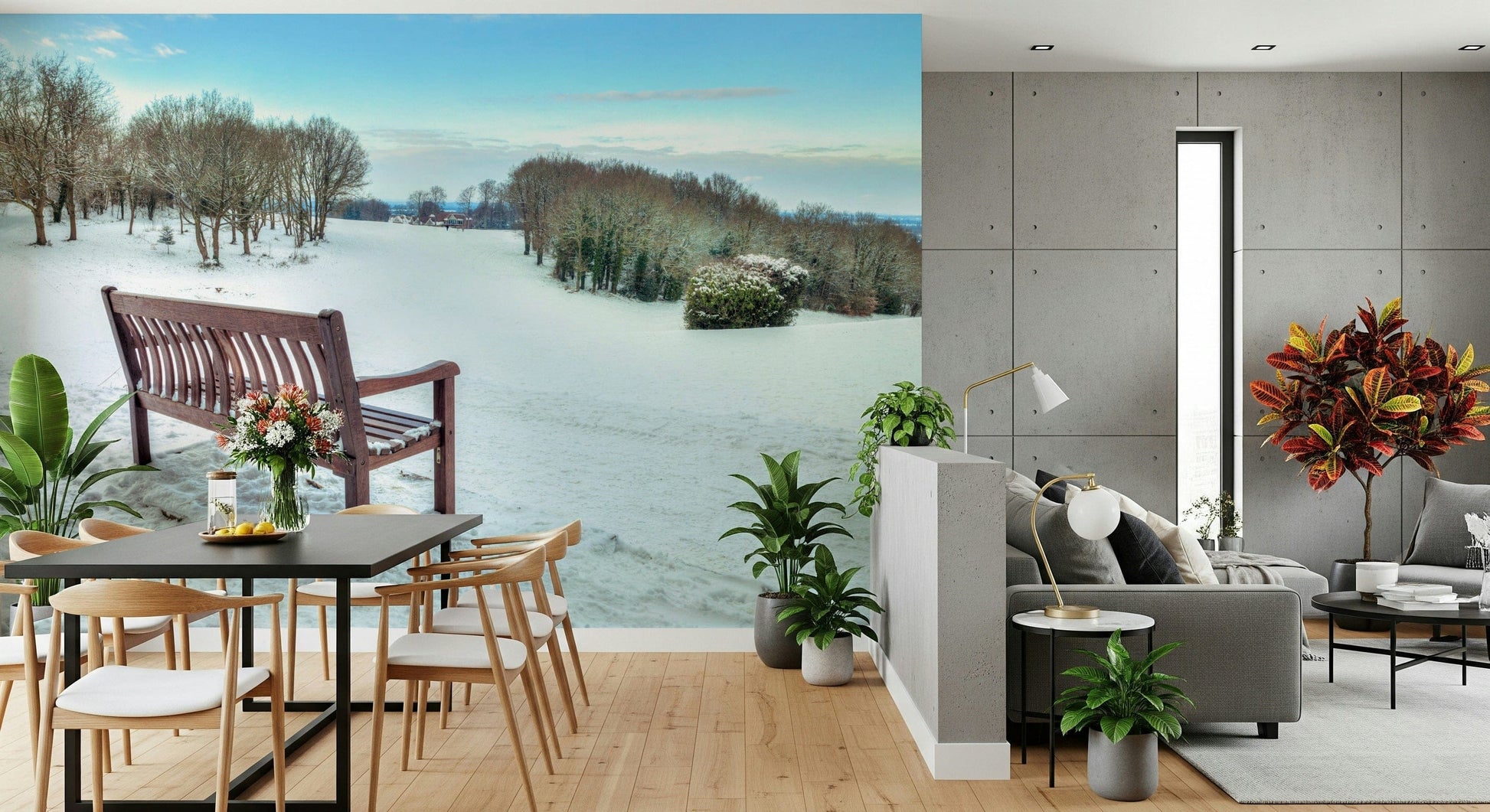 Peaceful winter mural, vast snow blanket, natural landscape wallpaper.