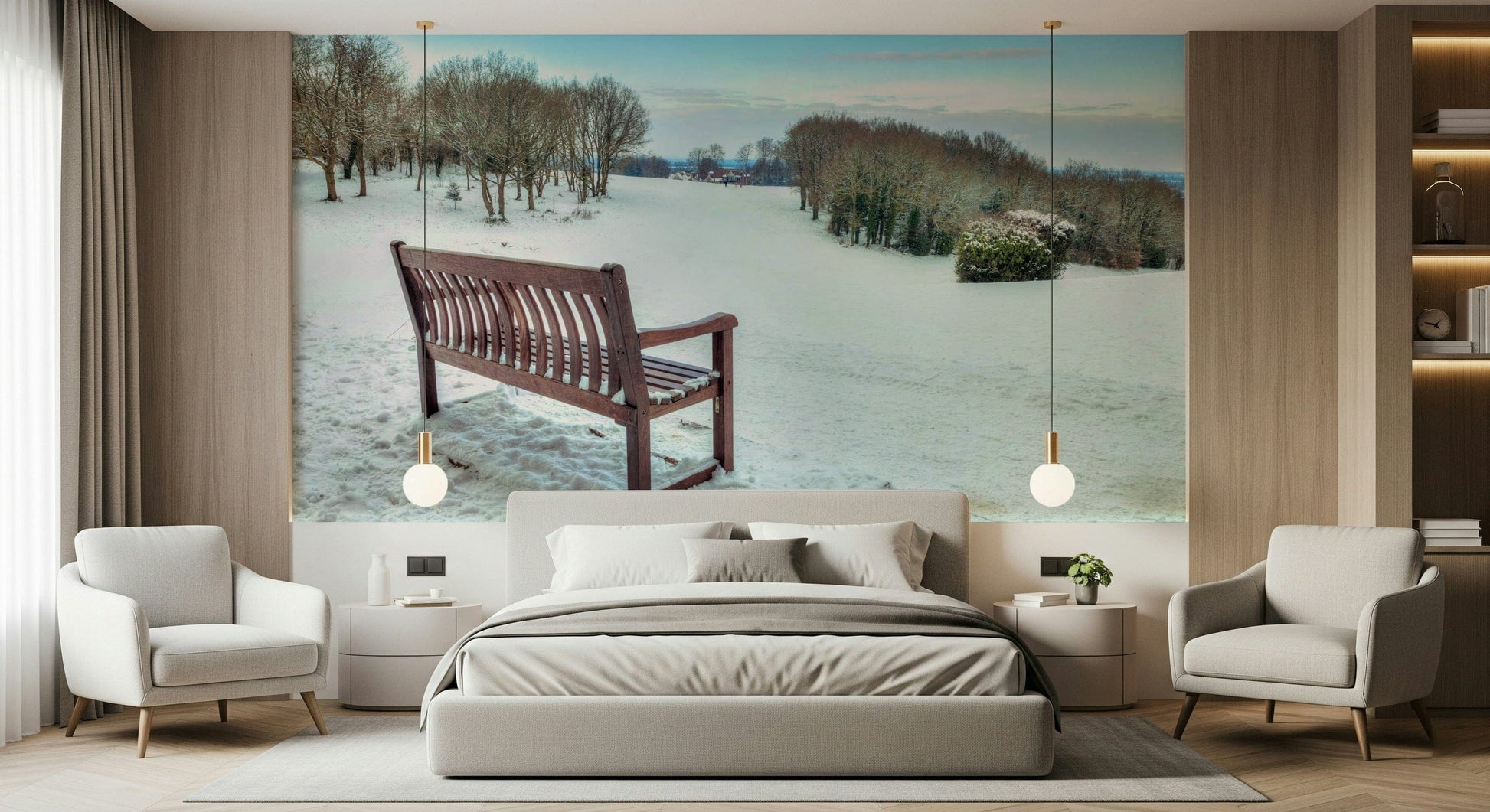 Solitary bench, pristine snow field, charming winter scene wall mural.