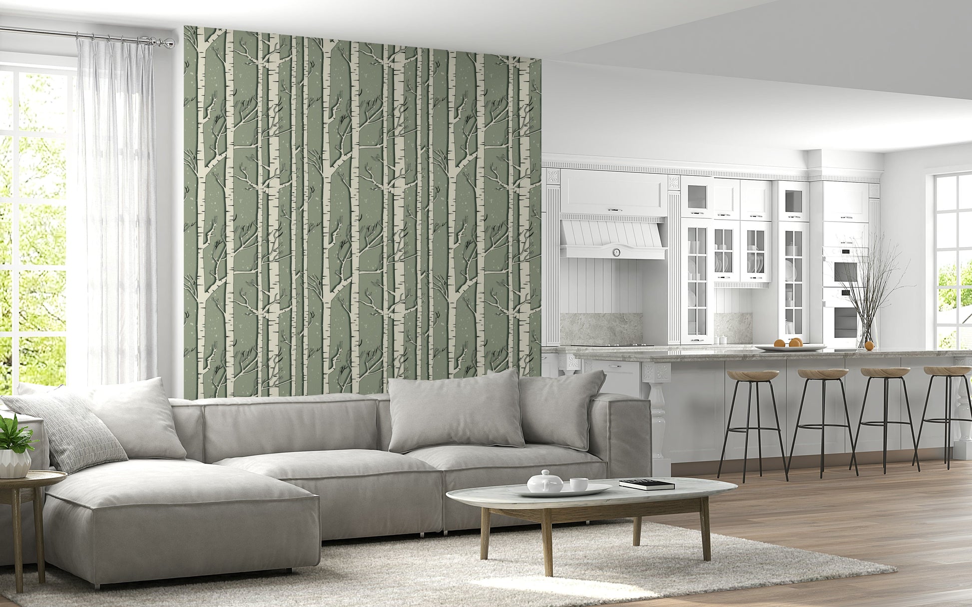 Winter Birch Whispers wallpaper with minimalist snowy tree patterns for cozy interiors.