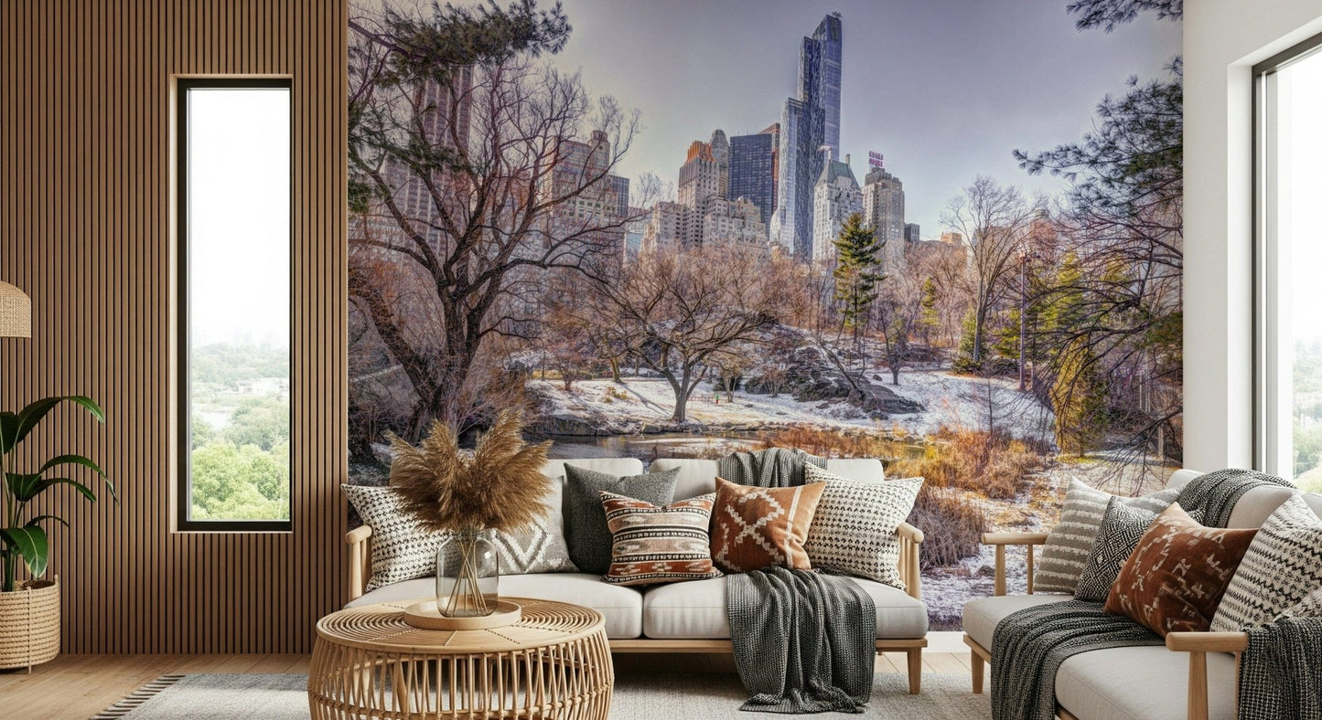 Snowy Central Park mural with a white sofa, grey accent chairs and pampas grass against a wood-slat wall
