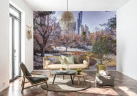 Snowy Central Park mural behind a rattan sofa with round black and wood tables and a potted olive plant