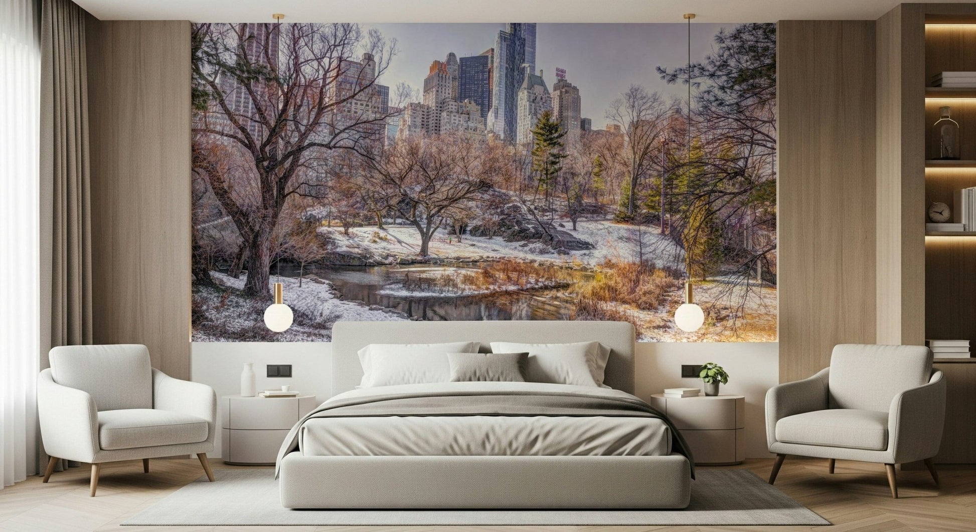 Snowy Central Park mural over an upholstered bed flanked by two white armchairs and globe pendant lamps