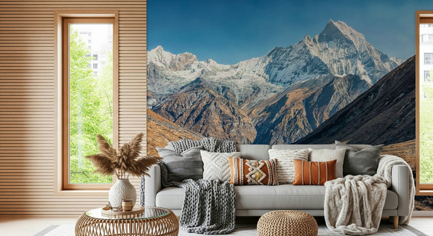 Corner angle showing seamless mural joins across mountains and a clear sky