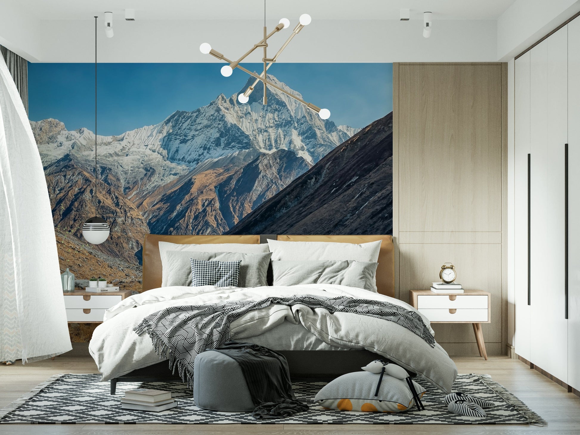 Entryway wall with mountains skyline mural and open sky, installed in vertical panels