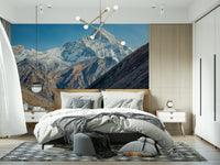 Entryway wall with mountains skyline mural and open sky, installed in vertical panels