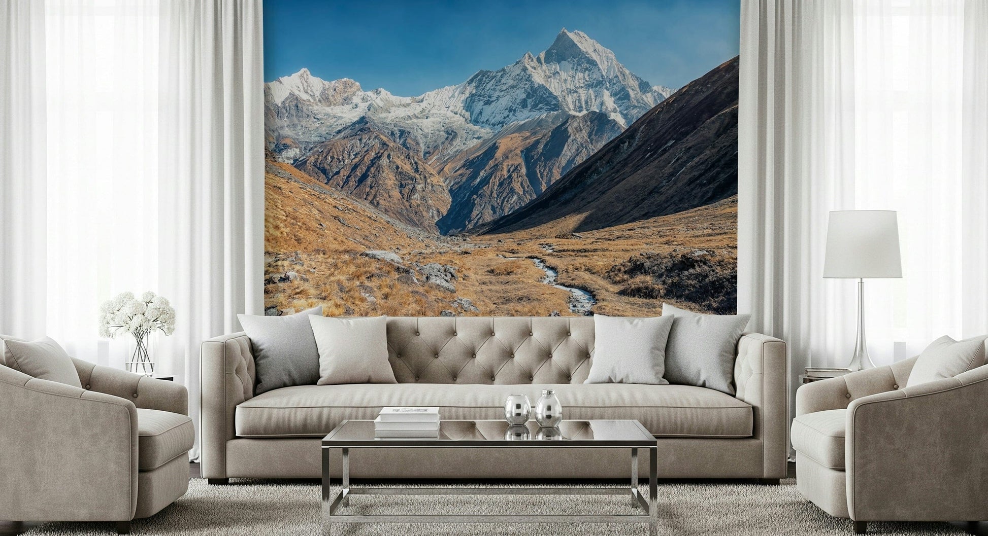 Bedroom setup featuring wall mural mountains with a calm sky above the headboard