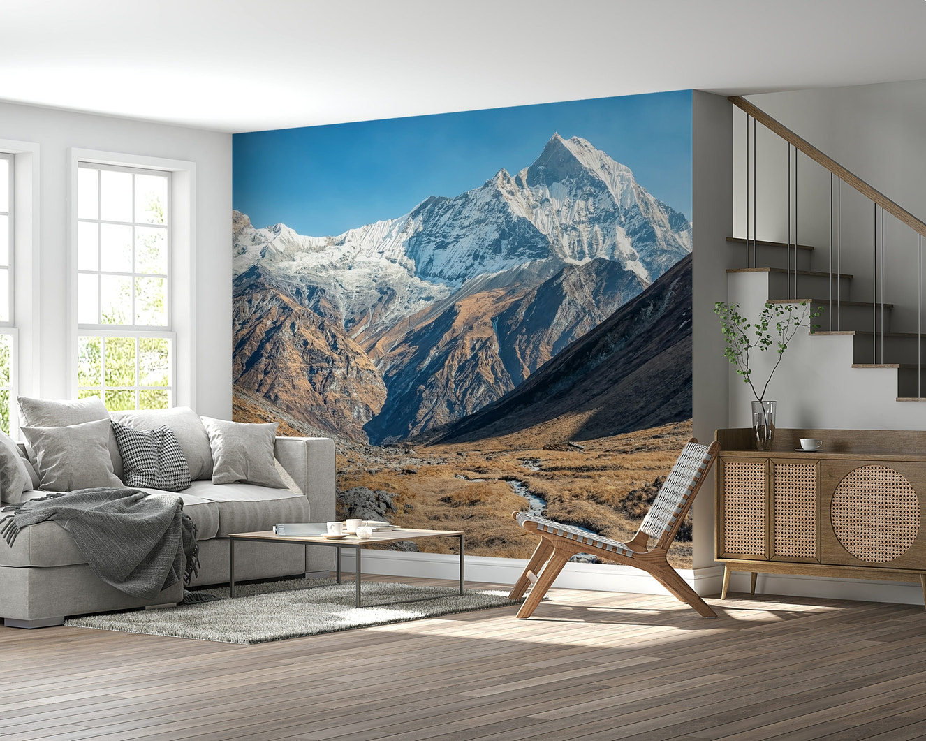 Snowy Peaks wall mural showing snow-capped mountains under a clear sky in a living room