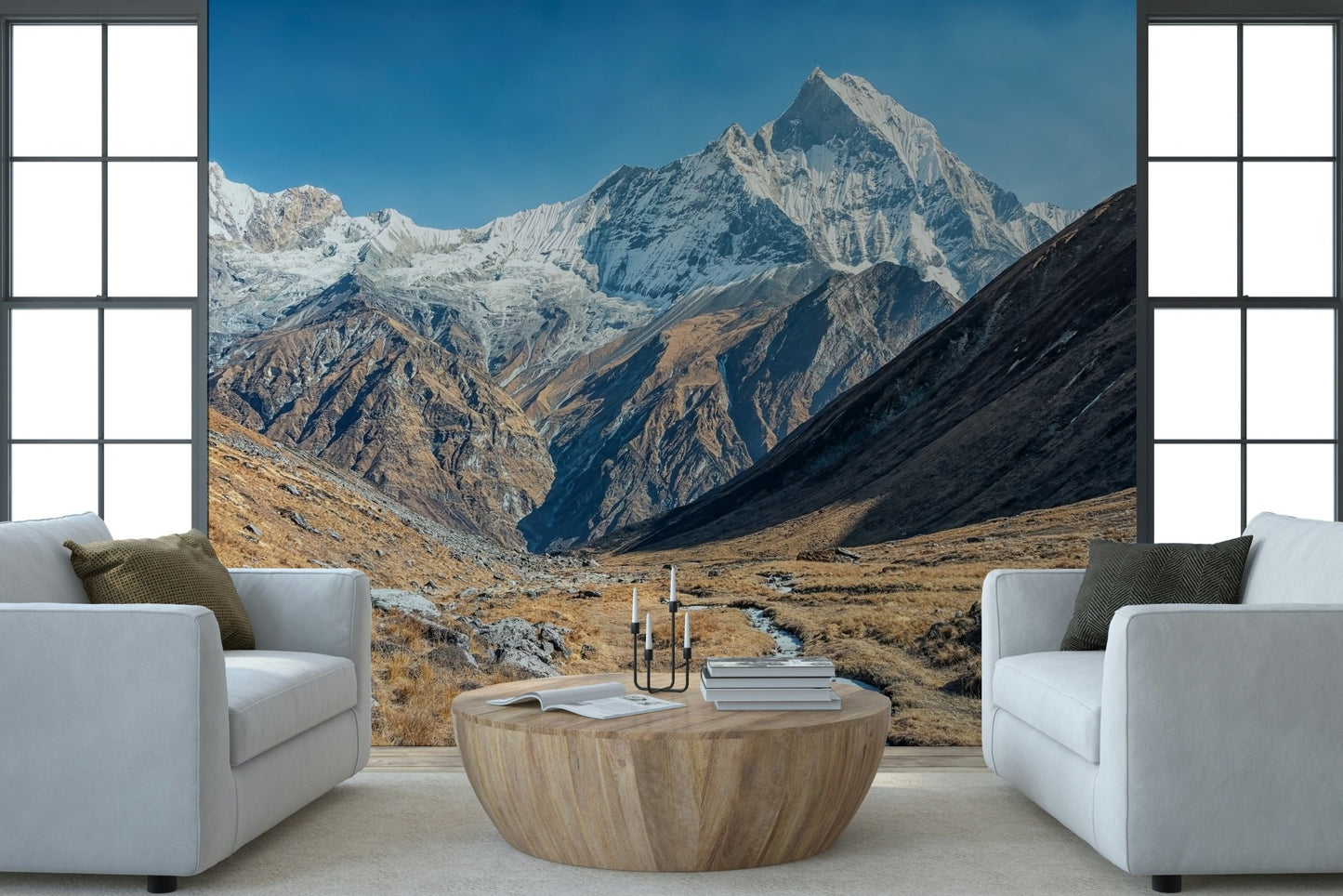 Detail view of frosted peak mountains and bright winter sky across one mural panel