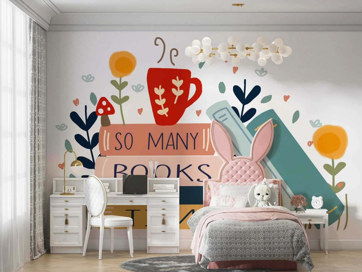Book-filled wall mural with the quote "So Many Books So Little Time."

