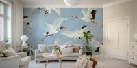 The composition is a wide, landscape view of the birds in flight.

