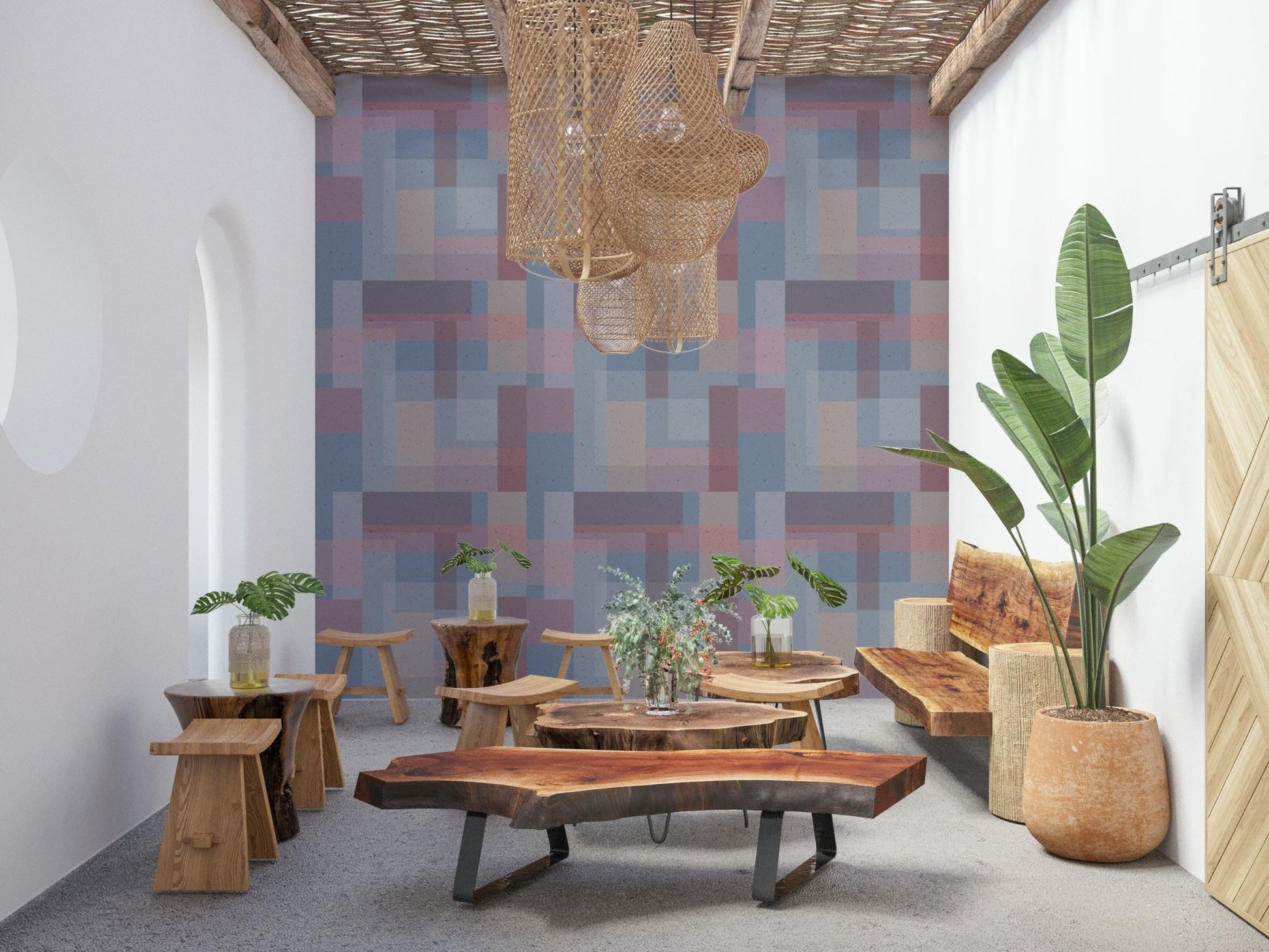 A soft block geometry wallpaper featuring overlapping pastel rectangles in muted tones.