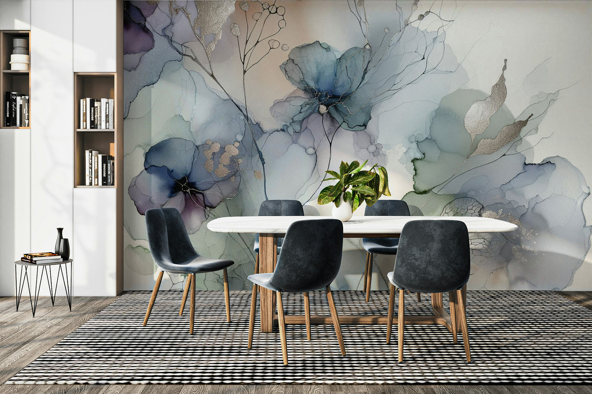 Soft Bloom Essence wallpaper mural with blue and lavender ink-wash flowers behind a marble dining table and grey chairs