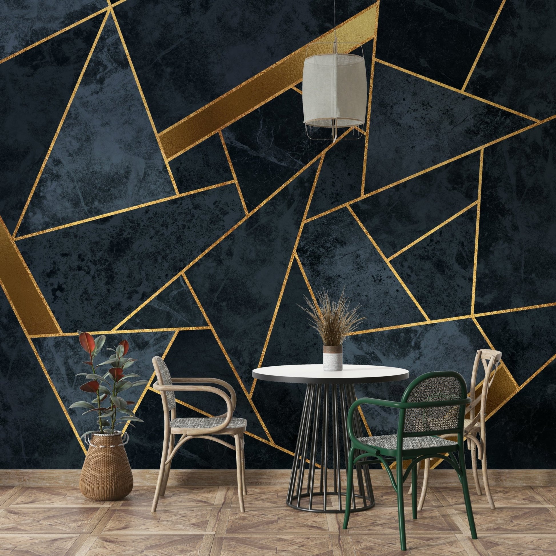 Gentle mosaic mural with soft blue background and gold accents.

