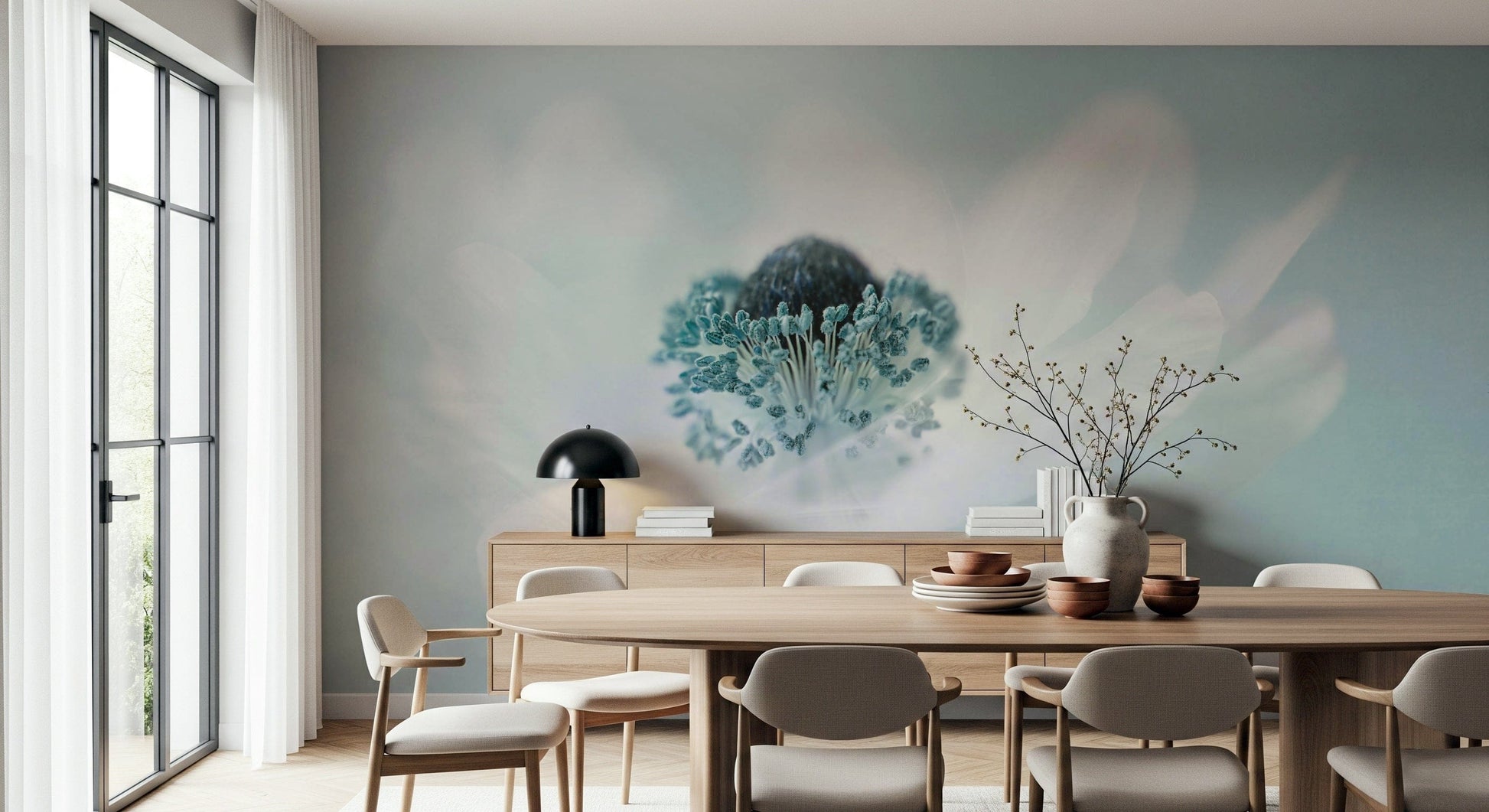 A peaceful flower design mural on decorative wallpaper.

