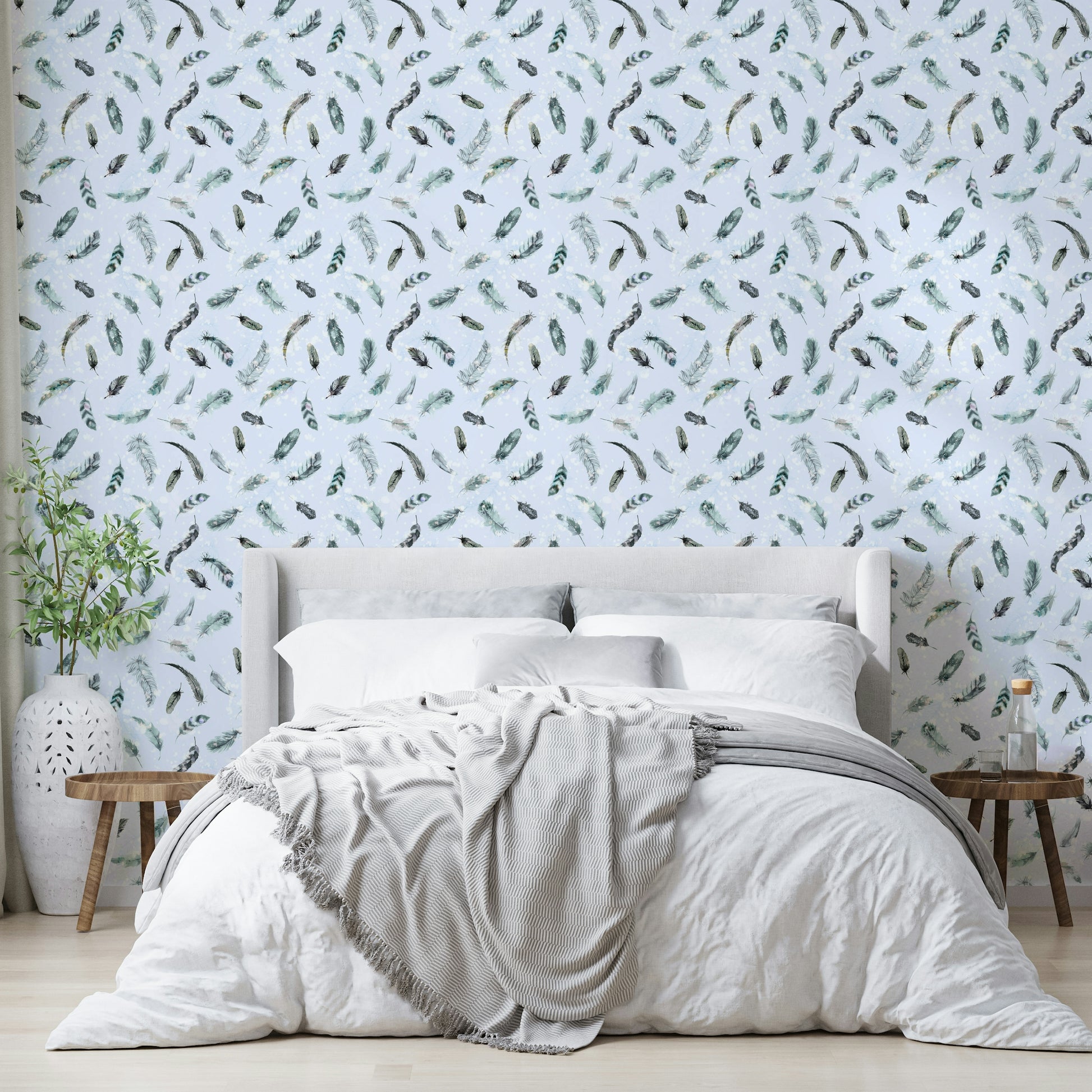 Dreamy floating feathers wallpaper in sky blue

