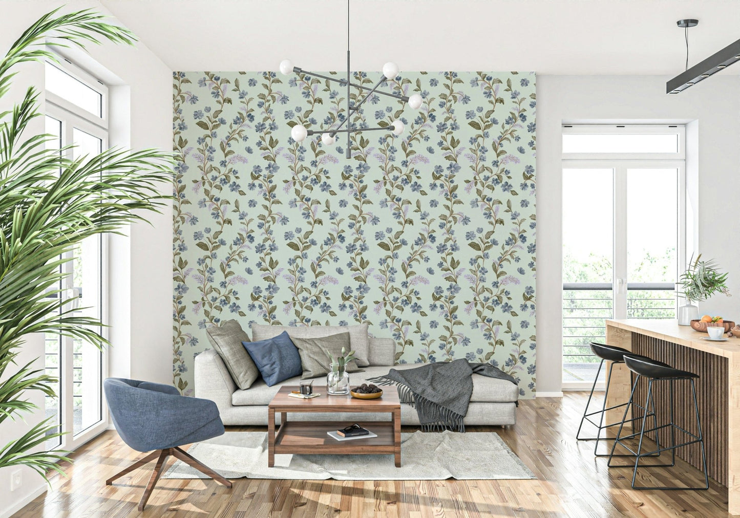 Handpainted Soft Blue Floral Pattern backdrop subtle lilac cluster sprig.