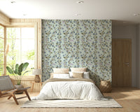 Charming Soft Blue Floral Pattern peel and stick wallpaper delicate vine print.