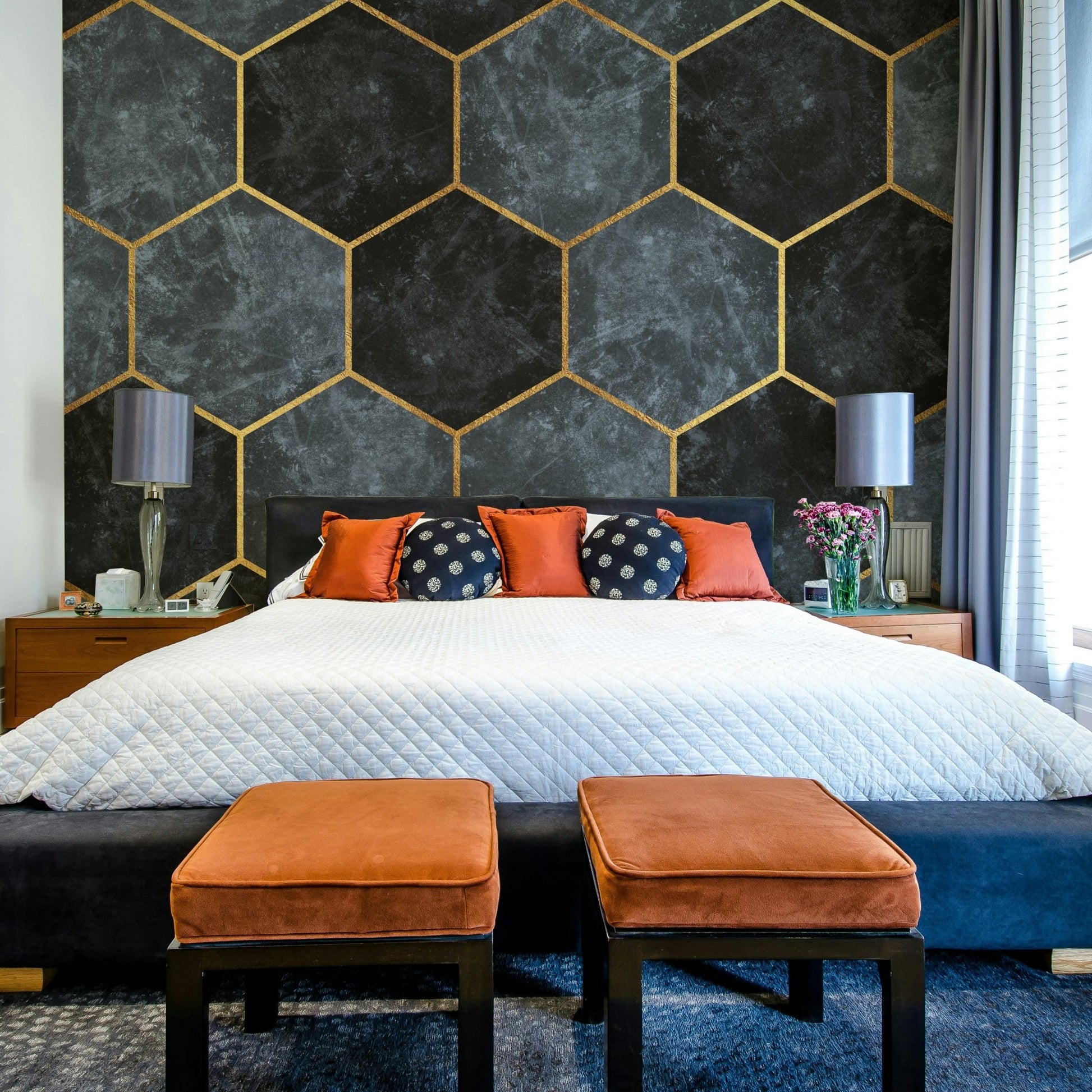 Pastel blue and gold geometric wall mural design

