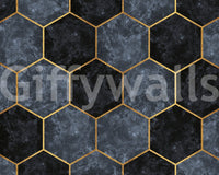 Blue and gold wall mural with minimal hex shapes

