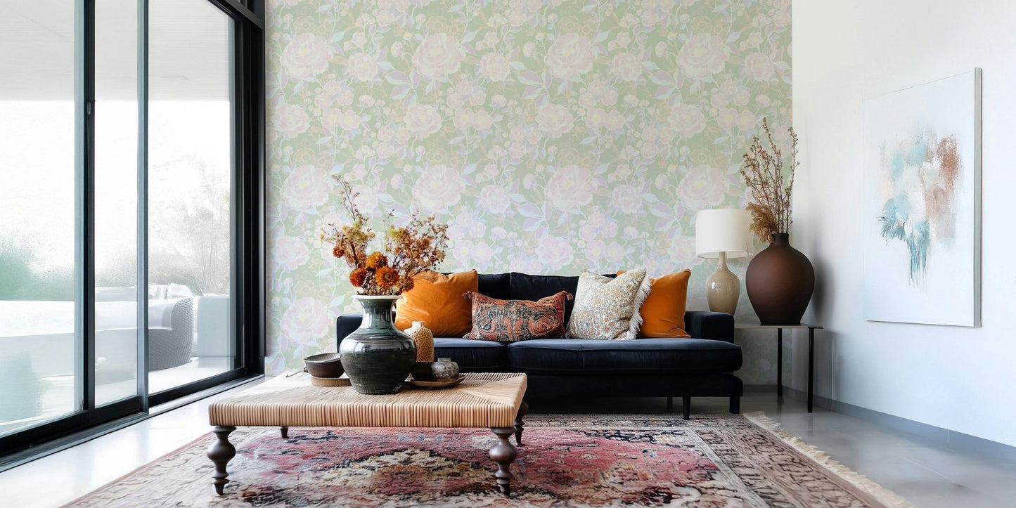 Soft Botanical elegant blossom wallpaper for walls nursery decor.