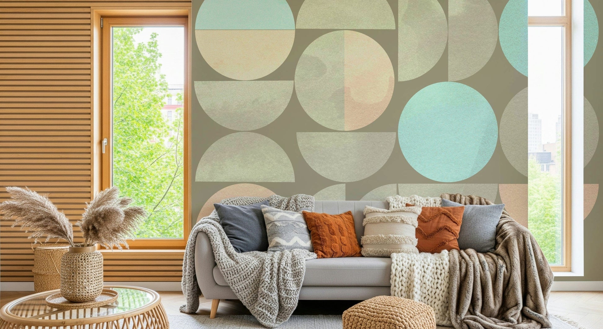 Unique Soft Circle Symphony mural featuring beige semicircles.